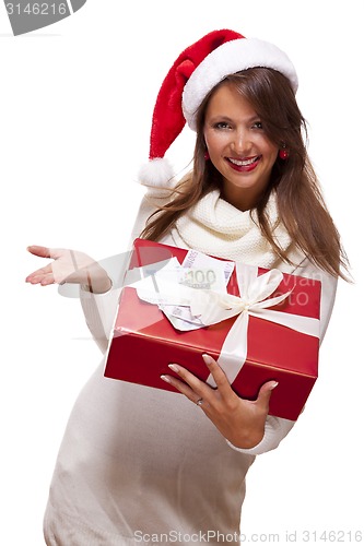 Image of Young woman with an Xmas gift and money