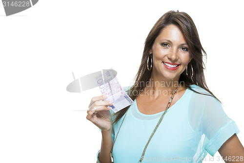 Image of Smiling Attractive Woman Holding 500 Euro Bill