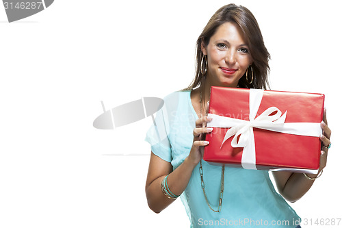 Image of Happy Woman Holding Red Gift Box