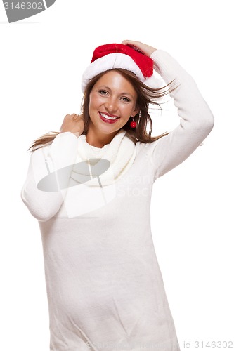 Image of Young woman in a Santa hat holding out her hands