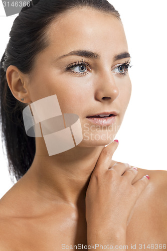 Image of Close up Portrait of Bare Young Woman Looking Afar