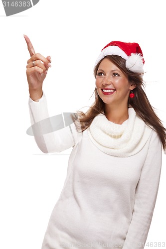 Image of Young woman in a Santa hat holding out her hands