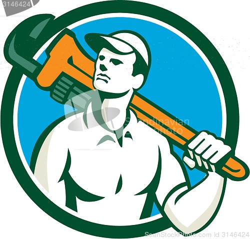 Image of Plumber Holding Wrench Circle Retro