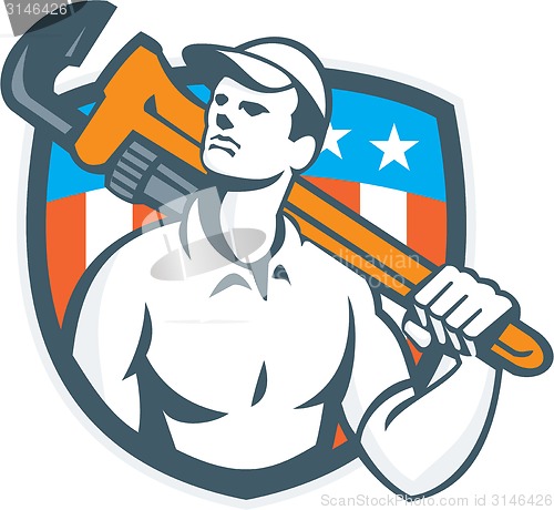 Image of Plumber Holding Wrench USA Flag Retro