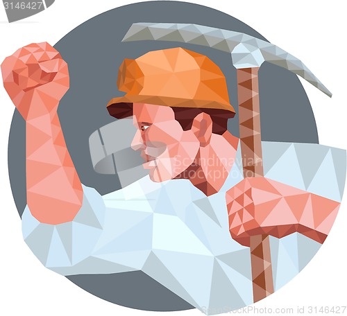 Image of Coal Miner Pick Axe Pumping Fist Low Polygon