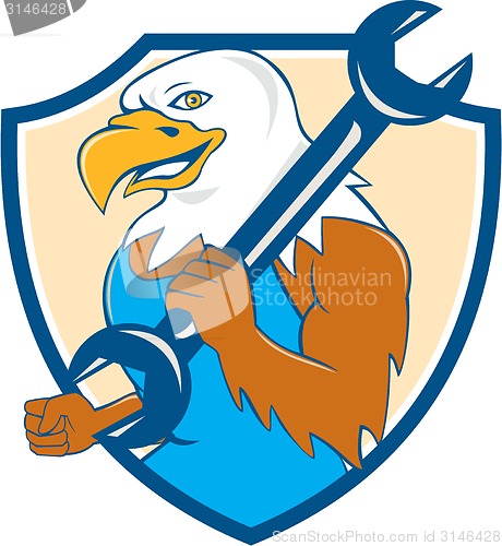 Image of American Bald Eagle Mechanic Wrench Shield Cartoon 