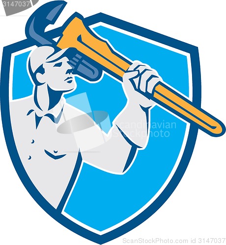 Image of Plumber Wielding Monkey Wrench Shield Retro