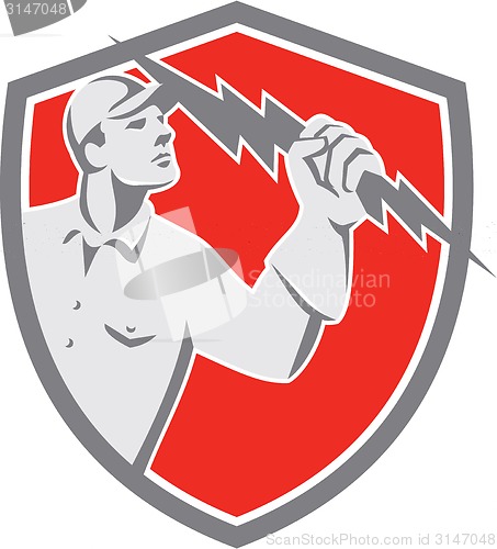 Image of Electrician Holding Lightning Bolt Shield Retro