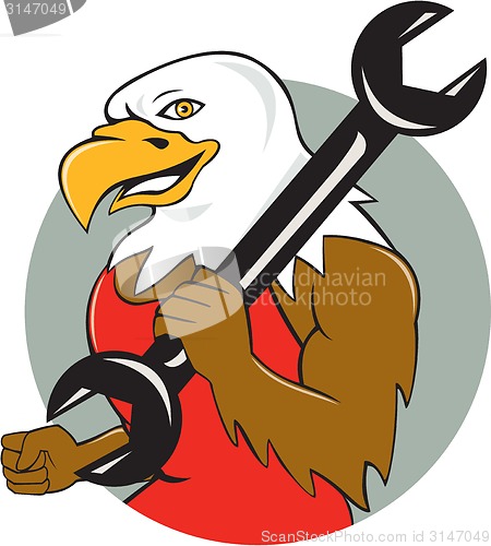 Image of American Bald Eagle Mechanic Wrench Circle Cartoon 