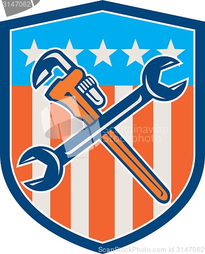 Image of Spanner Monkey Wrench Crossed USA Flag Shield 