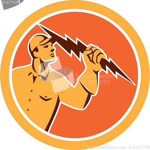 Image of Electrician Holding Lightning Bolt Circle Retro