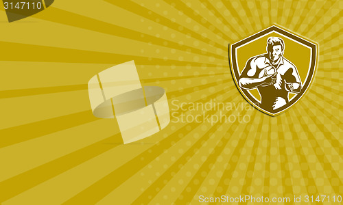 Image of Business card Rugby Player Running Fending Shield Retro