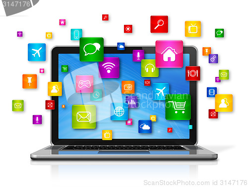 Image of Laptop Computer and flying apps icons