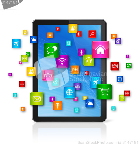 Image of Digital Tablet pc and flying apps icons