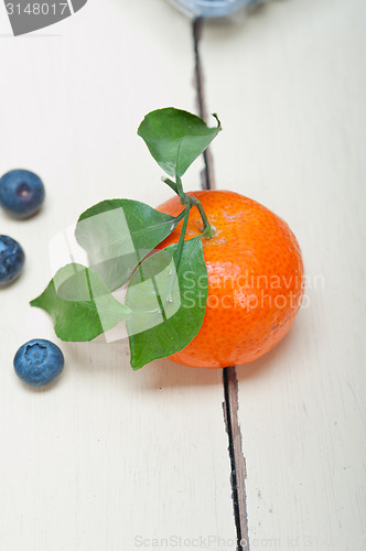 Image of tangerine and blueberry on white table