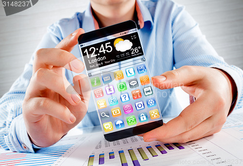 Image of Smartphone with transparent screen in human hands.