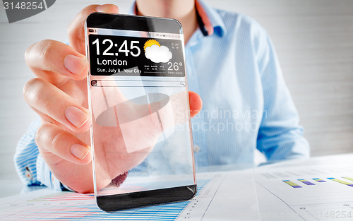 Image of Smartphone with transparent screen in human hands.