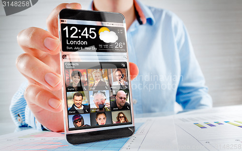 Image of Smartphone with transparent screen in human hands.