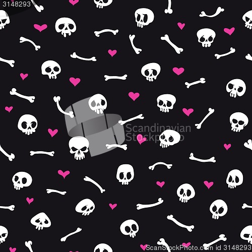 Image of Cartoon Skulls with Hearts on Black Background Seamless Pattern