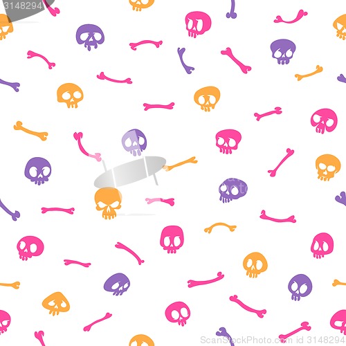 Image of Colorful Cartoon Skulls on White Background Seamless Pattern