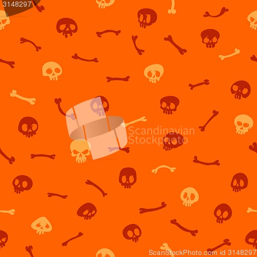 Image of Cartoon Skulls on Orange Background Seamless Pattern