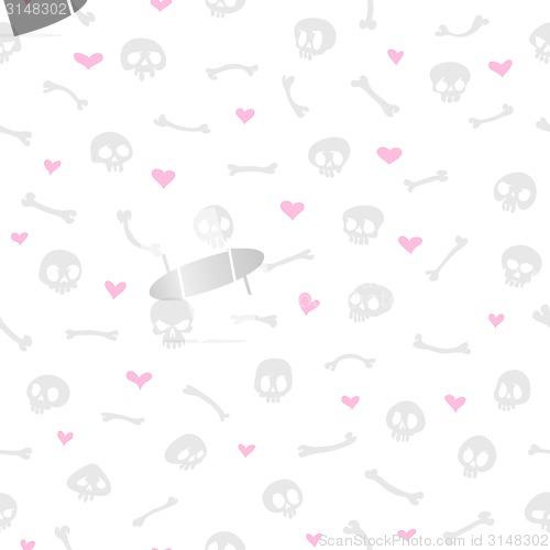 Image of Cartoon Skulls with Hearts on White Background Seamless Pattern