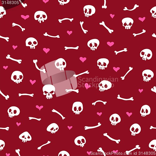 Image of Cartoon Skulls with Hearts on Red Background Seamless Pattern