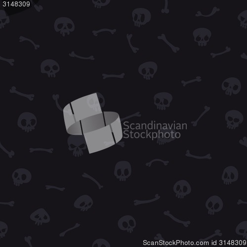 Image of Gray Cartoon Skulls on Black Background Seamless Pattern
