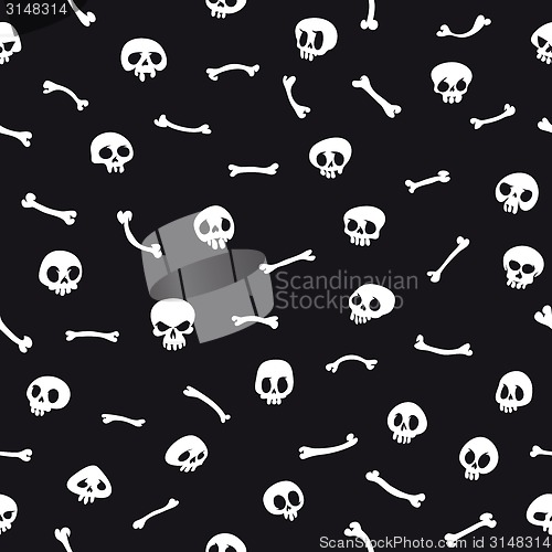 Image of White Cartoon Skulls on Black Background Seamless Pattern