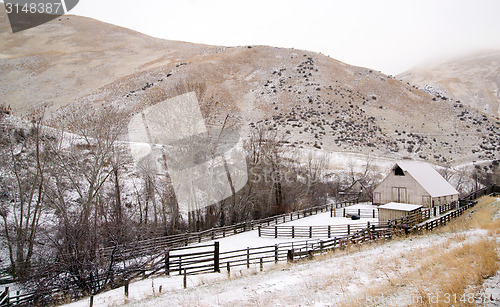Image of Fresh Snow Blankets Hillside Rural Country Scene Forgotten Ranch