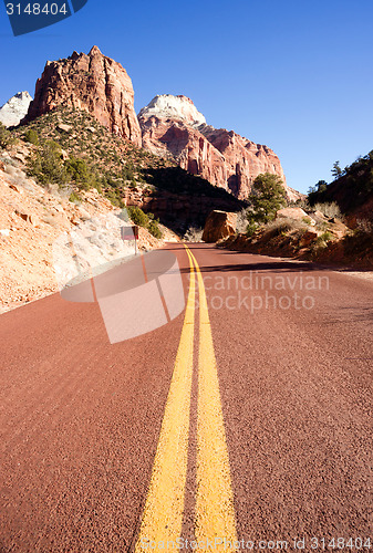 Image of Two Lane Road Mountain Buttes Zion National Park Desert Southwes