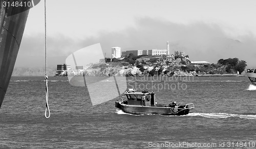 Image of Boats Churn Bay Water Fisherman's Wharf Alcatraz Island San Fran