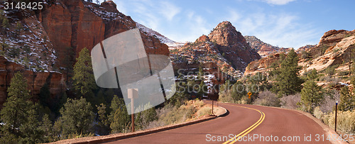 Image of Two Lane Road Mountain Buttes Zion National Park Desert Southwes