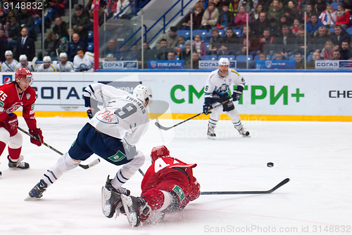 Image of A. Kudinov (44) fall down on ice