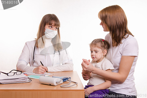 Image of Pediatrician talking in office with a young mother with child on her lap