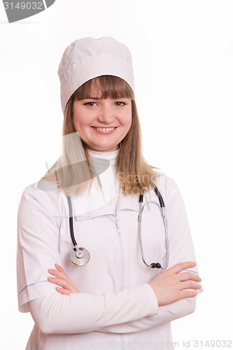 Image of Portrait of a medical officer in uniform with stethoscope