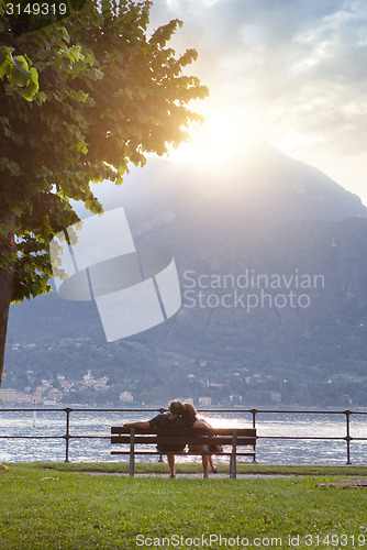 Image of View of Como lake on sunset in Bellagio, Italy