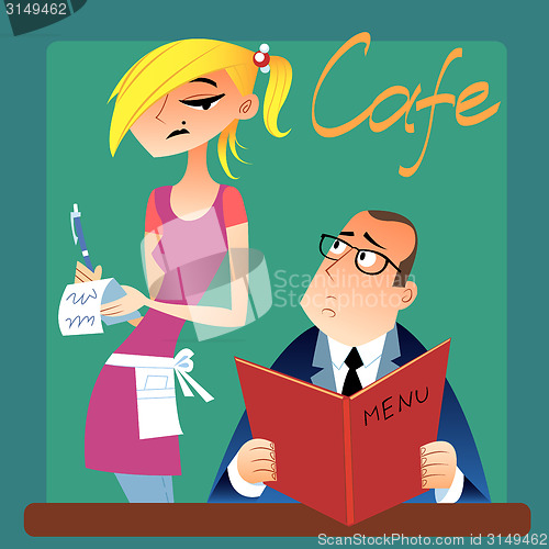 Image of waitress takes an order from a customer in the cafe