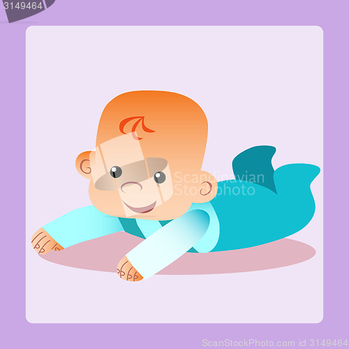 Image of Happy baby is lying on his stomach trying to crawl