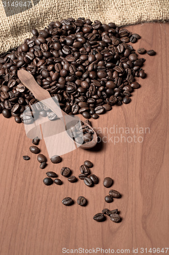 Image of pile of fresh and bio aromatic coffee beans and spoon