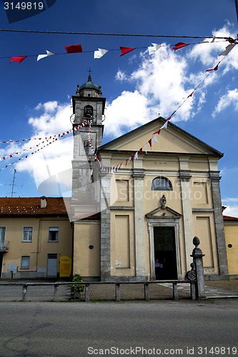 Image of in  the sumirago  old   church  brick tower sidewalk italy  lomb