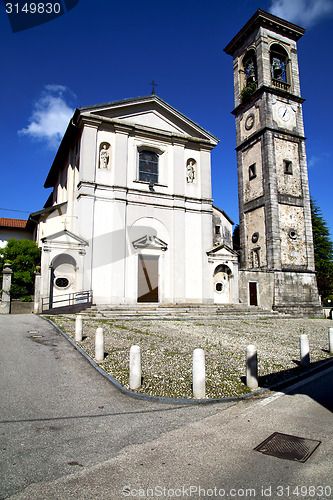 Image of  the sumirago    church  closed brick tower sidewalk italy   