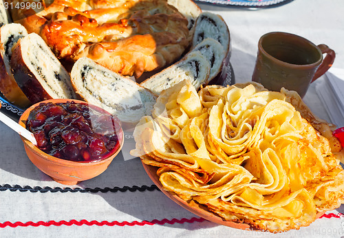 Image of Pancakes and muffins on the table.