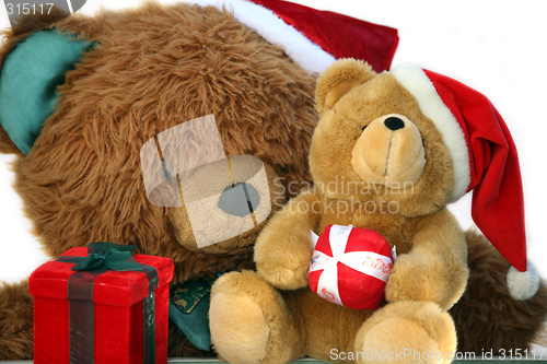 Image of Teddy bear mother and baby at Christmas