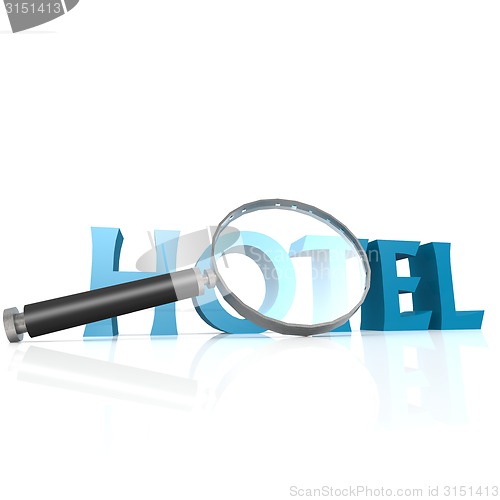 Image of Magnifying glass with blue hotel word