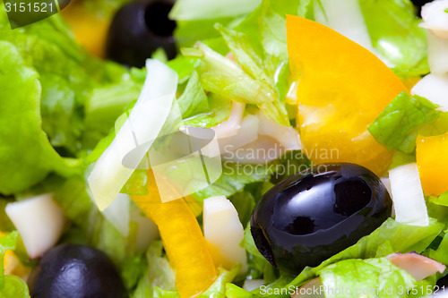 Image of Assorted salad of green leaf lettuce with squid and black olives