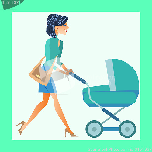 Image of young mother with a baby carriage