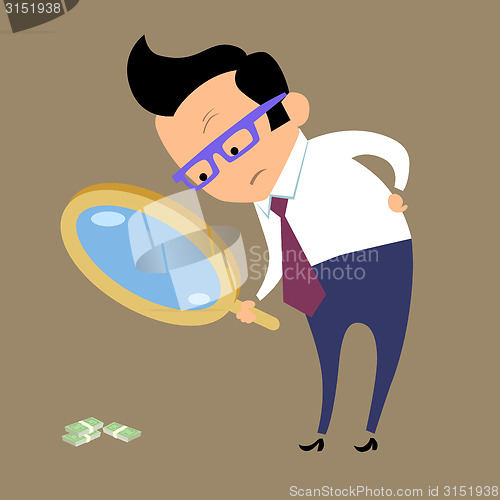 Image of Businessman looking for money in magnifying glass