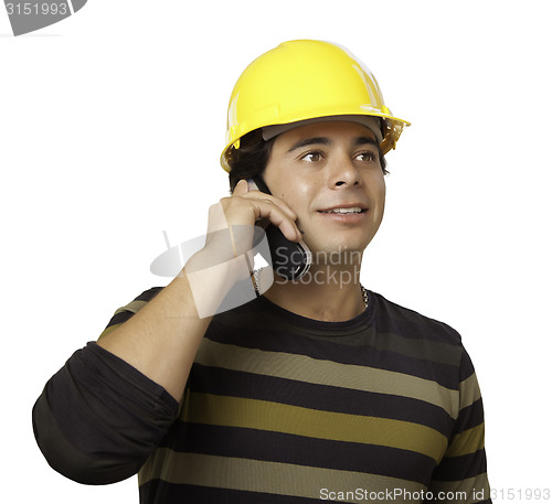 Image of Handsome Hispanic Contractor with Hard Hat Isolated on White