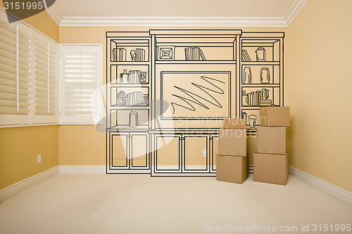 Image of Boxes in Empty Room with Shelf Design Drawing on Wall